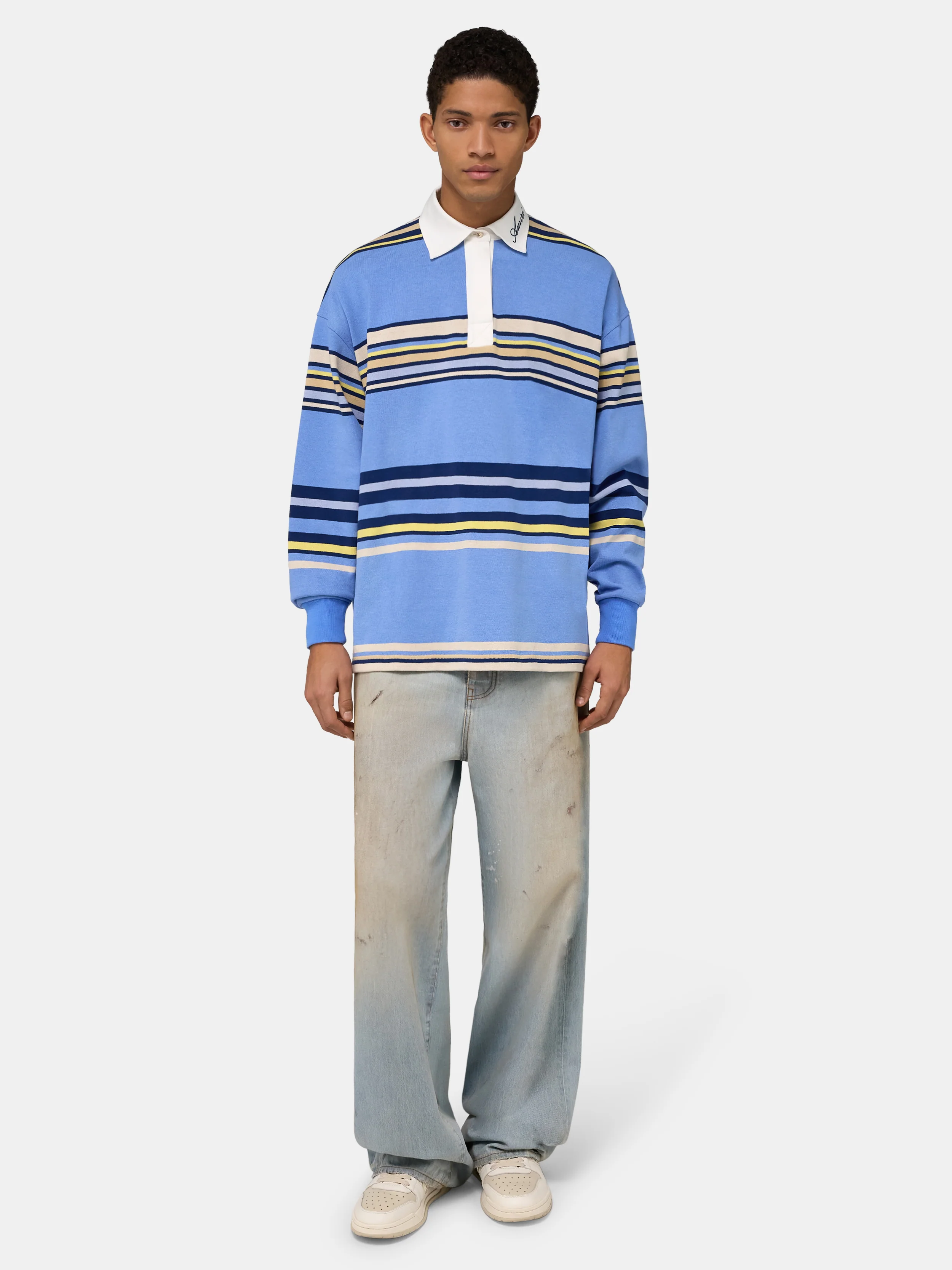 STRIPED OVERSIZED LONG SLEEVE POLO - Blue
