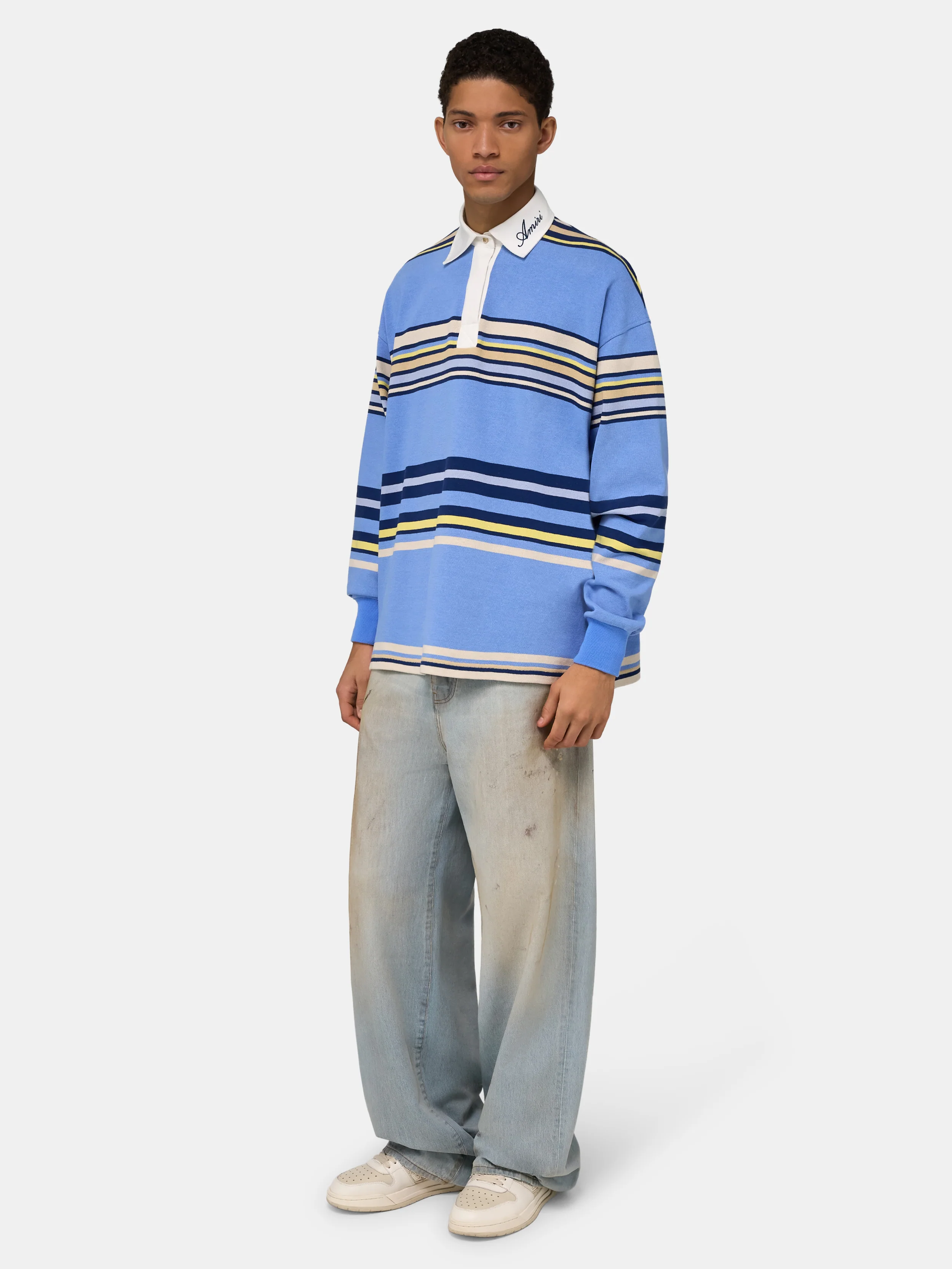 STRIPED OVERSIZED LONG SLEEVE POLO - Blue