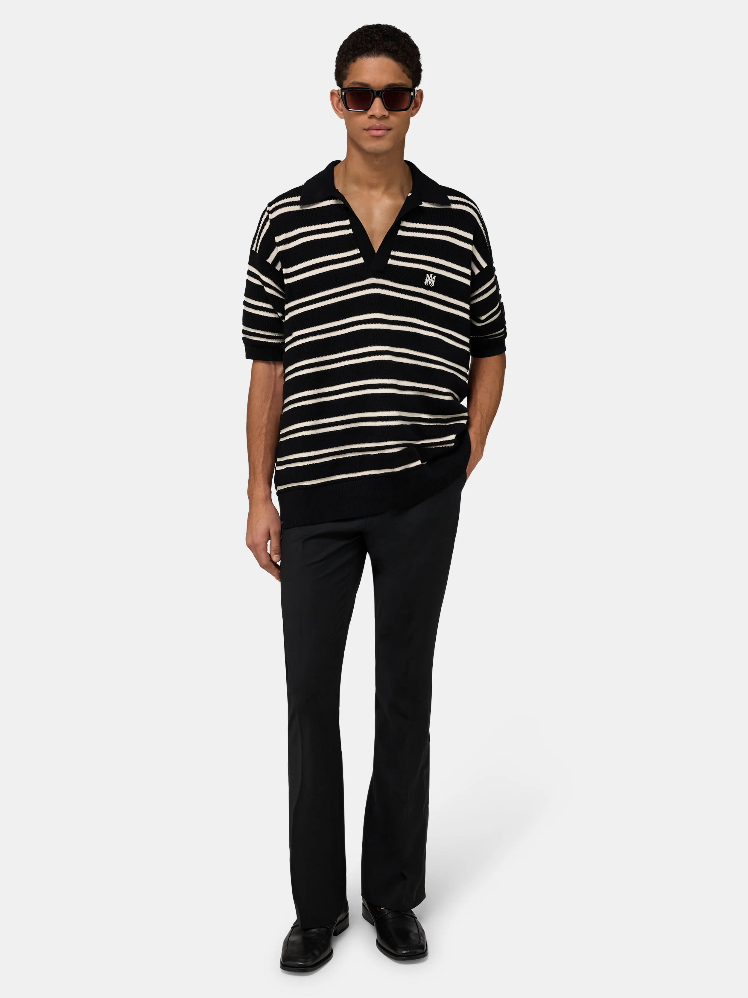 MA STRIPE KNIT SS POLO - Black