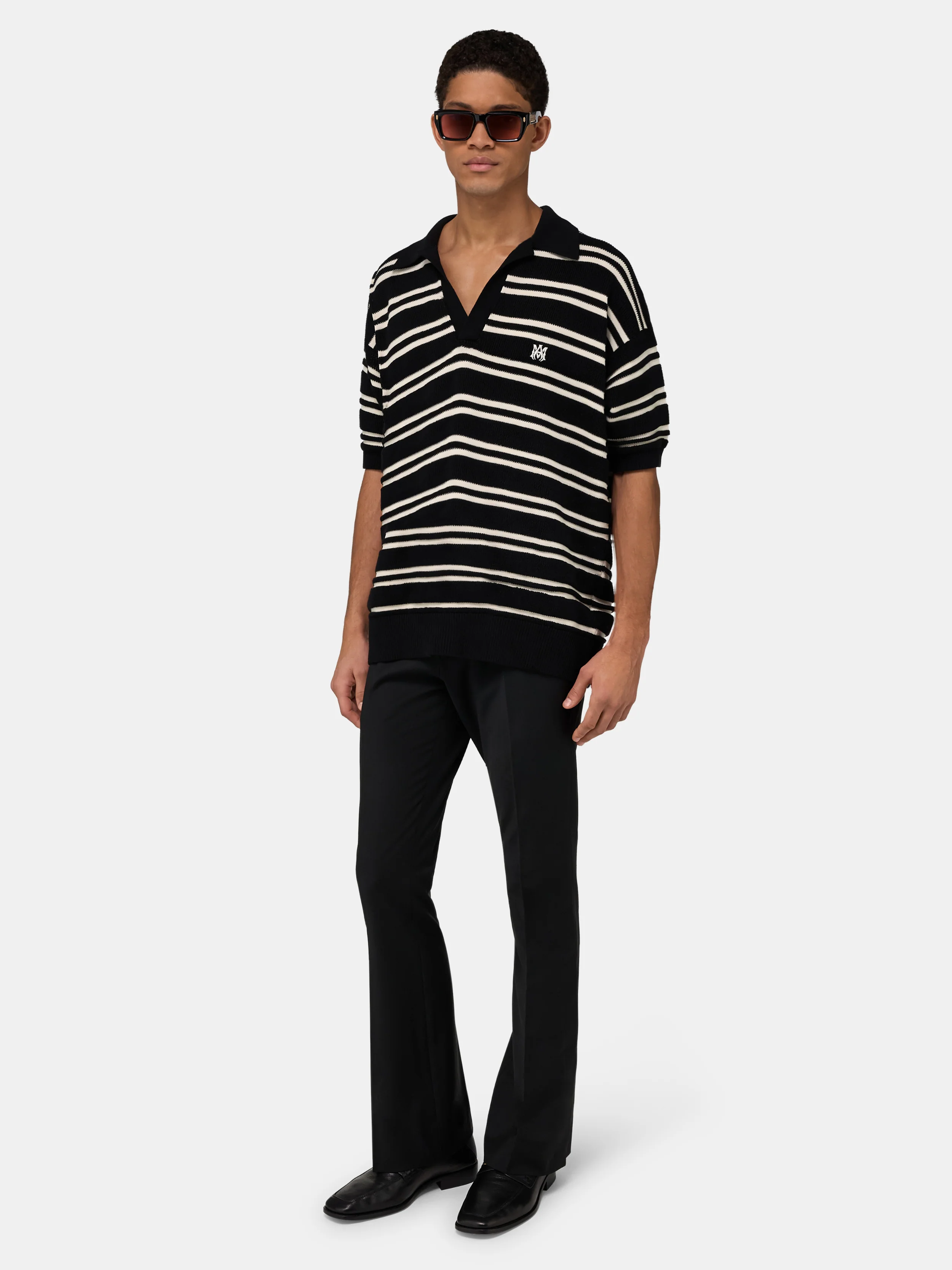 MA STRIPE KNIT SS POLO - Black
