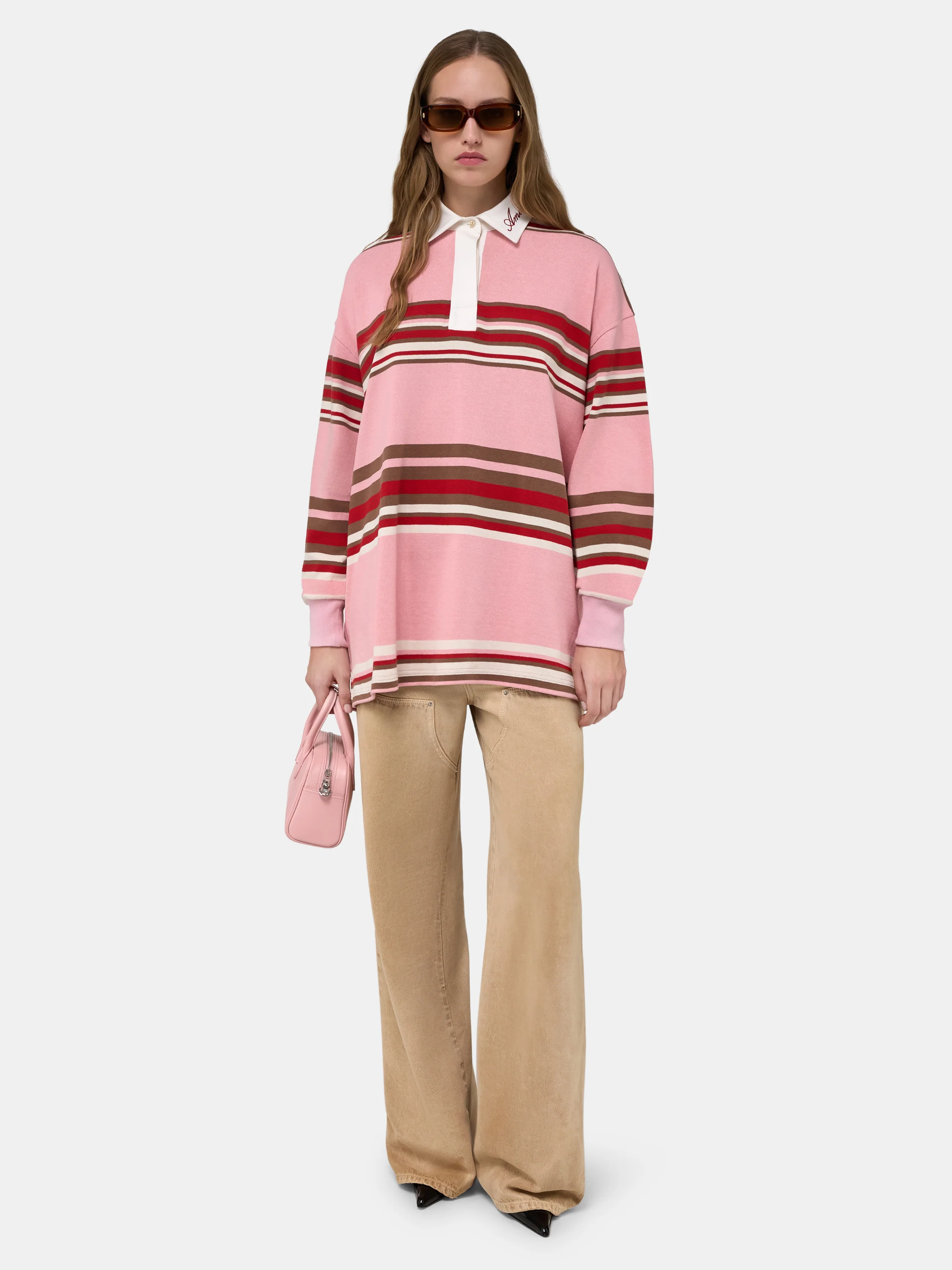 WOMEN - WOMEN'S STRIPED OVERSIZED LONG SLEEVE POLO - Pink