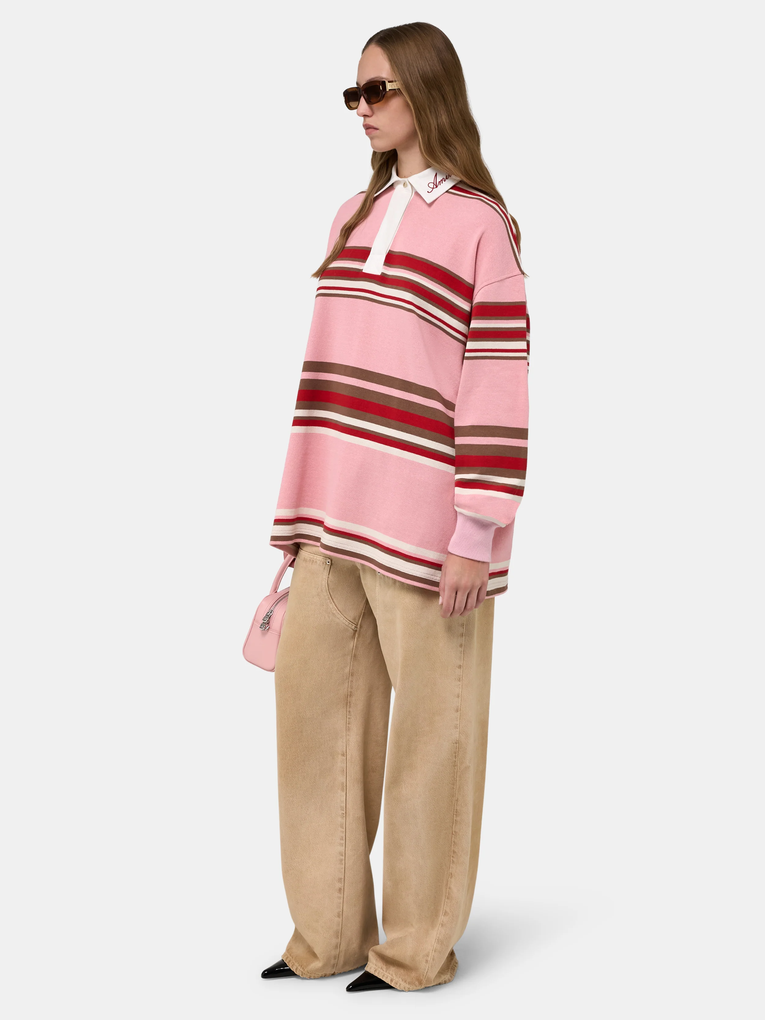 WOMEN - WOMEN'S STRIPED OVERSIZED LONG SLEEVE POLO - Pink