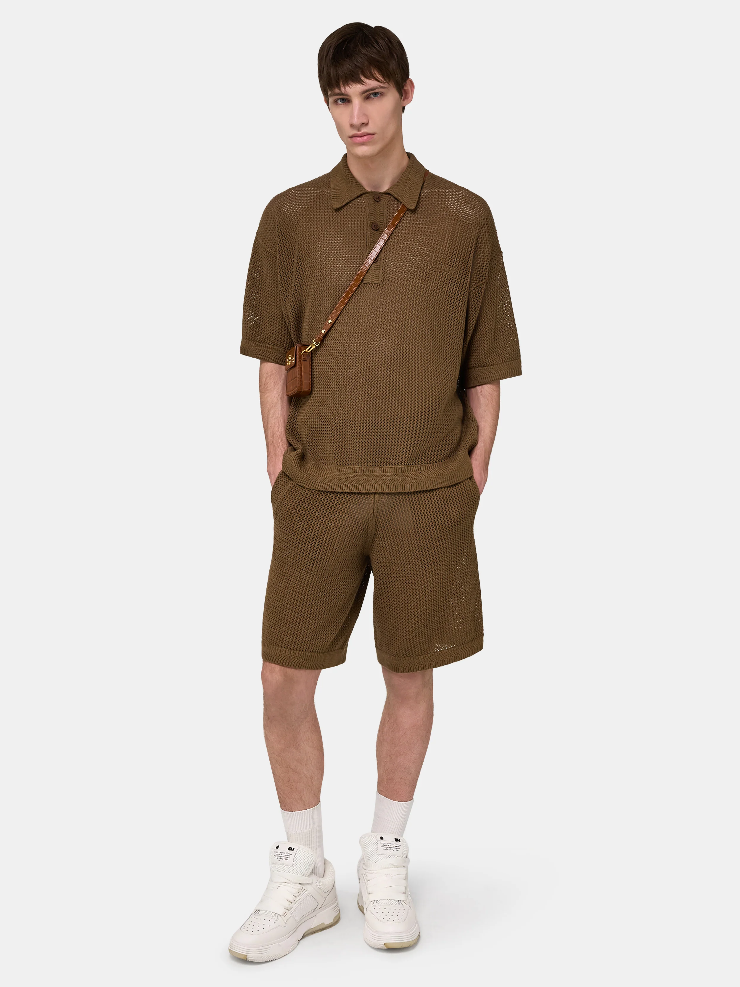 AMIRI CROCHET MESH POLO - Espresso