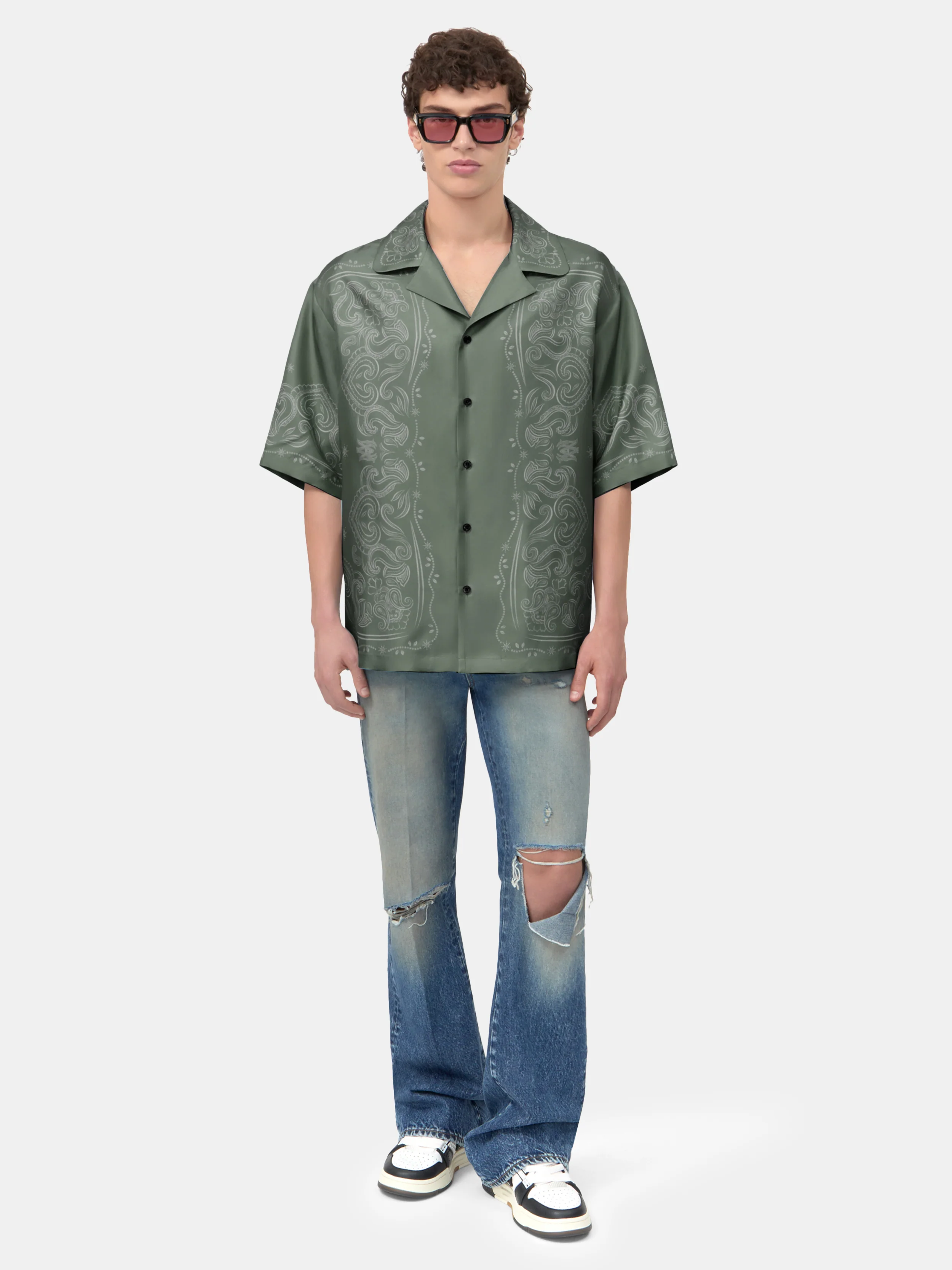 BANDANA PAINT OVERSIZED BOWLING SHIRT - Dark Sage