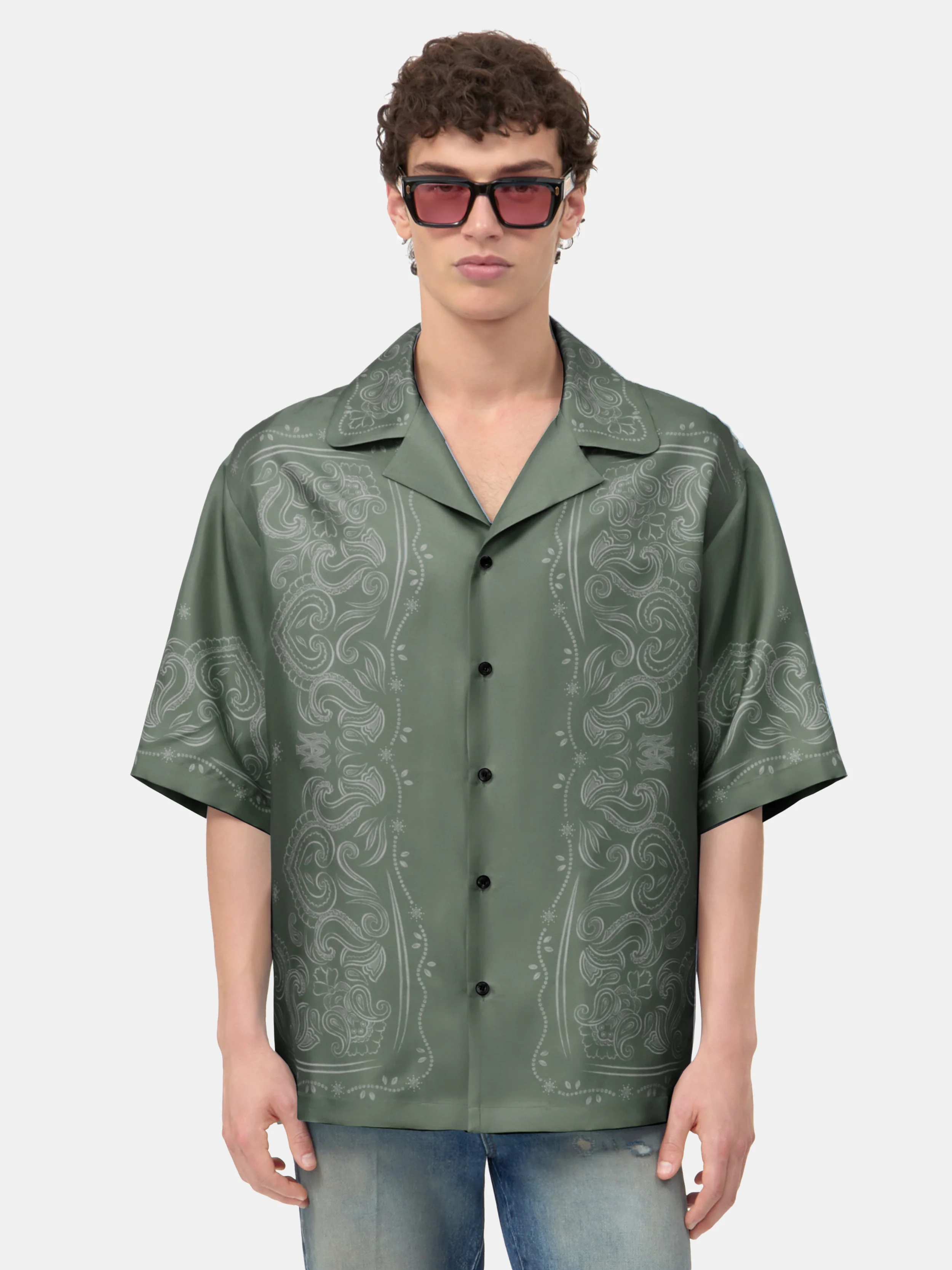 BANDANA PAINT OVERSIZED BOWLING SHIRT - Dark Sage