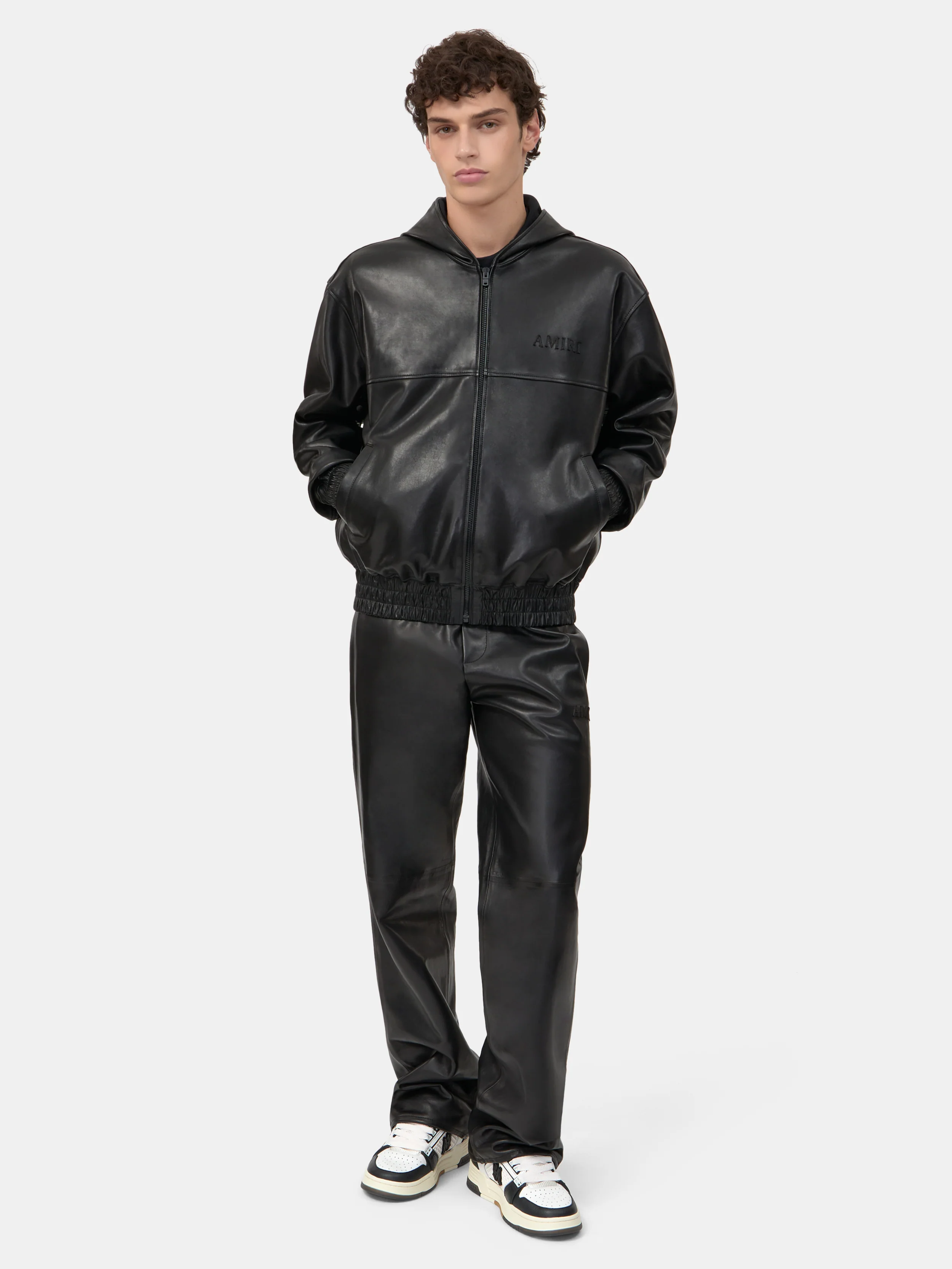 LEATHER OVERSIZED ZIP HOODIE - Black